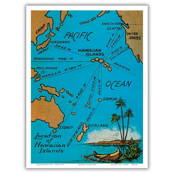 Location of the Hawaiian Islands Map - Island Curio Co. of Honolulu Postcard - Vintage Hawaiian Color Postcard c.1920s - Master Art Print (Unframed) 9in x 12in