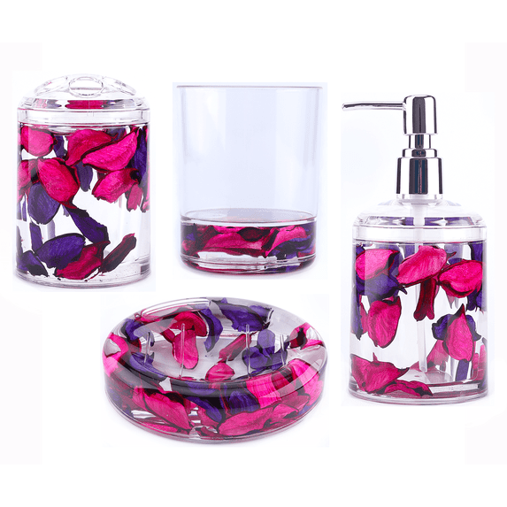 Locco Decor 4 Piece Acrylic Liquid 4D Floating Motion Bathroom Vanity Accessory Set Garden Theme Leaf Toothbrush Holder, Tumbler, Soap Dispenser, Soap Dish