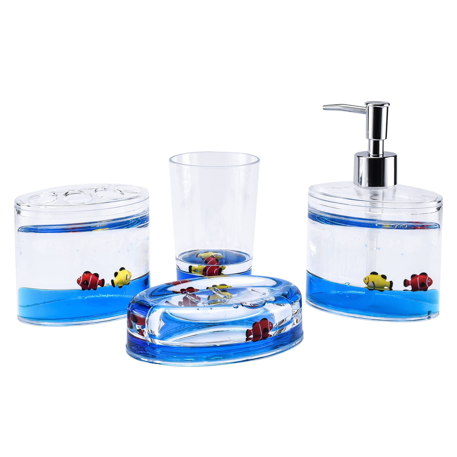 Locco Decor 4 Piece Acrylic Liquid 4D Floating Motion Bathroom Vanity Accessory Set Garden Theme Leaf Toothbrush Holder, Tumbler, Soap Dispenser, Soap Dish