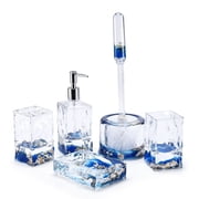 Locco Decor 5 Piece Acrylic Liquid 3D Floating Motion Bathroom Vanity Accessory Set Ocean Theme Shell Toothbrush Holder, Tumbler, Soap Dispenser, Soap Dish, Toiletbrush Holder Set