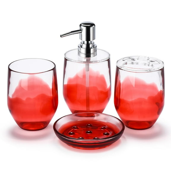 Locco Decor Bathroom Vanity Accessories Set 4 Pieces Modern Style - Soap Dispenser Toothbrush Holder Soap Holder Tumbler Cup Red
