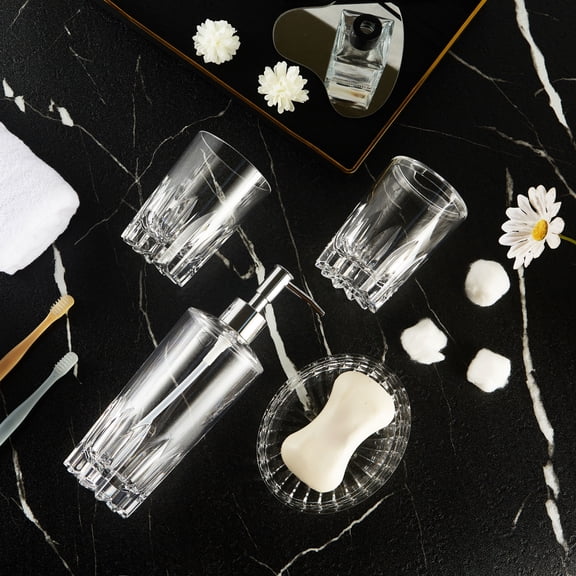 Locco Decor Bathroom Vanity Accessory 4 Pieces Clear Acrylic Modern Design Tumbler, Soap Dispenser, Soap Dish, Toothbrush Holder