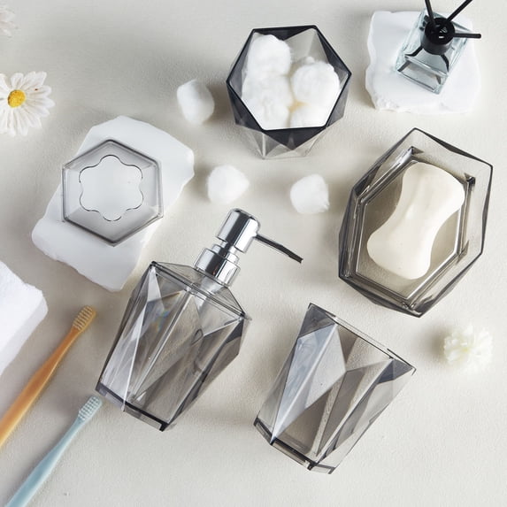 Locco Decor Bathroom Vanity Accessory 4 Pieces Gray Acrylic Modern Design Tumbler, Soap Dispenser, Soap Dish, Toothbrush Holder
