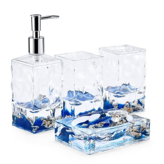 Locco Decor 4 Piece Acrylic Liquid 3D Floating Motion Bathroom Vanity Accessory Set Ocean Theme Shell Toothbrush Holder, Tumbler, Soap Dispenser, Soap Dish