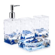 Locco Decor 4 Piece Acrylic Liquid 3D Floating Motion Bathroom Vanity Accessory Set Ocean Theme Shell Toothbrush Holder, Tumbler, Soap Dispenser, Soap Dish
