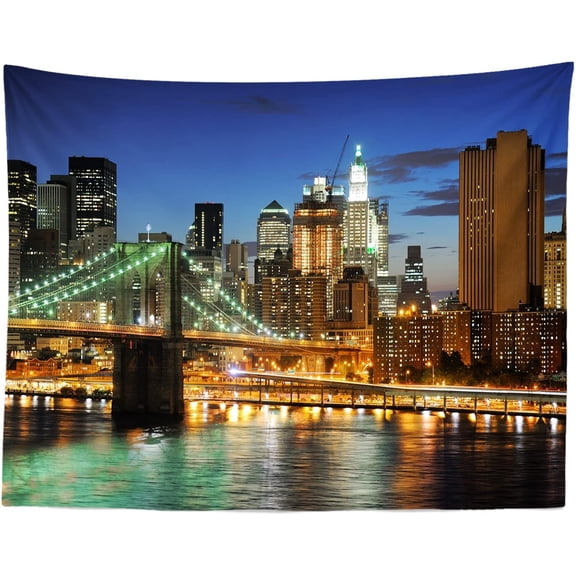 Loccor New York City Tapestry Brooklyn Bridge Manhattan Night Skyline Hudson River Wall Tapestry NYC Urban Skyscraper Wall Hanging American Wall Art for Bedroom Living Room Dorm Home Decor 60" x 40"