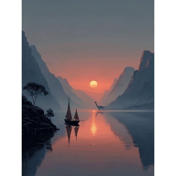 Loch Ness Lake Fantasy Canvas Art, Sun Mountain Mythical Scene, Indoor Outdoor Decor