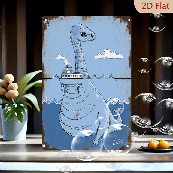 Loch Ness Monster Art 8x12 Inches Metal Wall Decor, Whimsical Friendly Cryptid with Steamship, Rustic Weathered Texture Nautical Print for Home Office