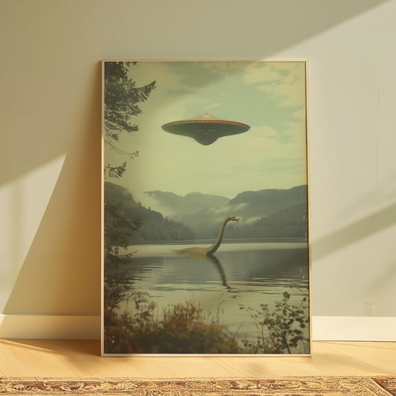 Loch Ness Monster Art Ufo Poster Printable Wall Art Surreal Poster Print Aesthetic Ufo Wall Art Flying Saucer Poster Download, Poster Only