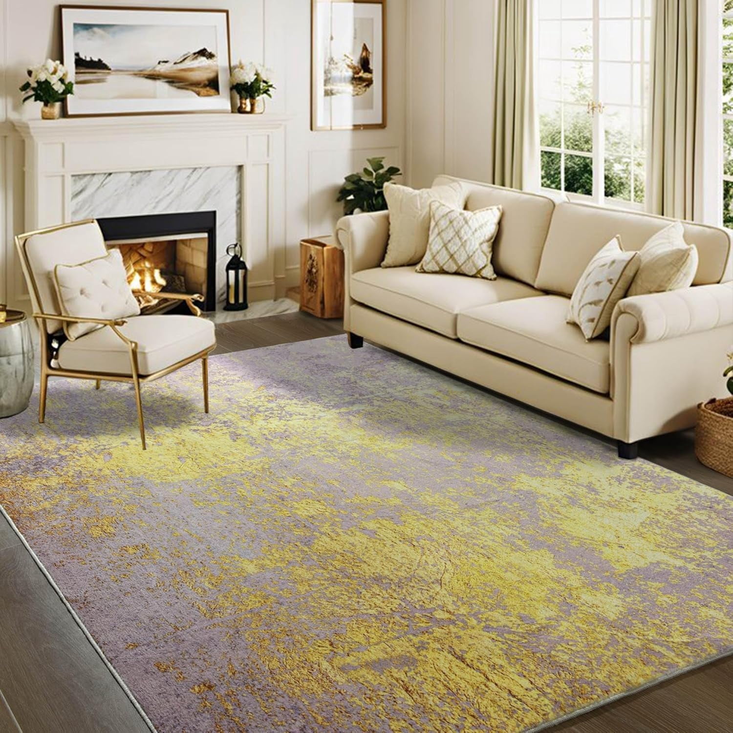 Lochas Abstract Area Rug Soft Modern Rugs for Living Room Bedroom Home Decor Indoor Carpet,4'x6',Pink/Gold