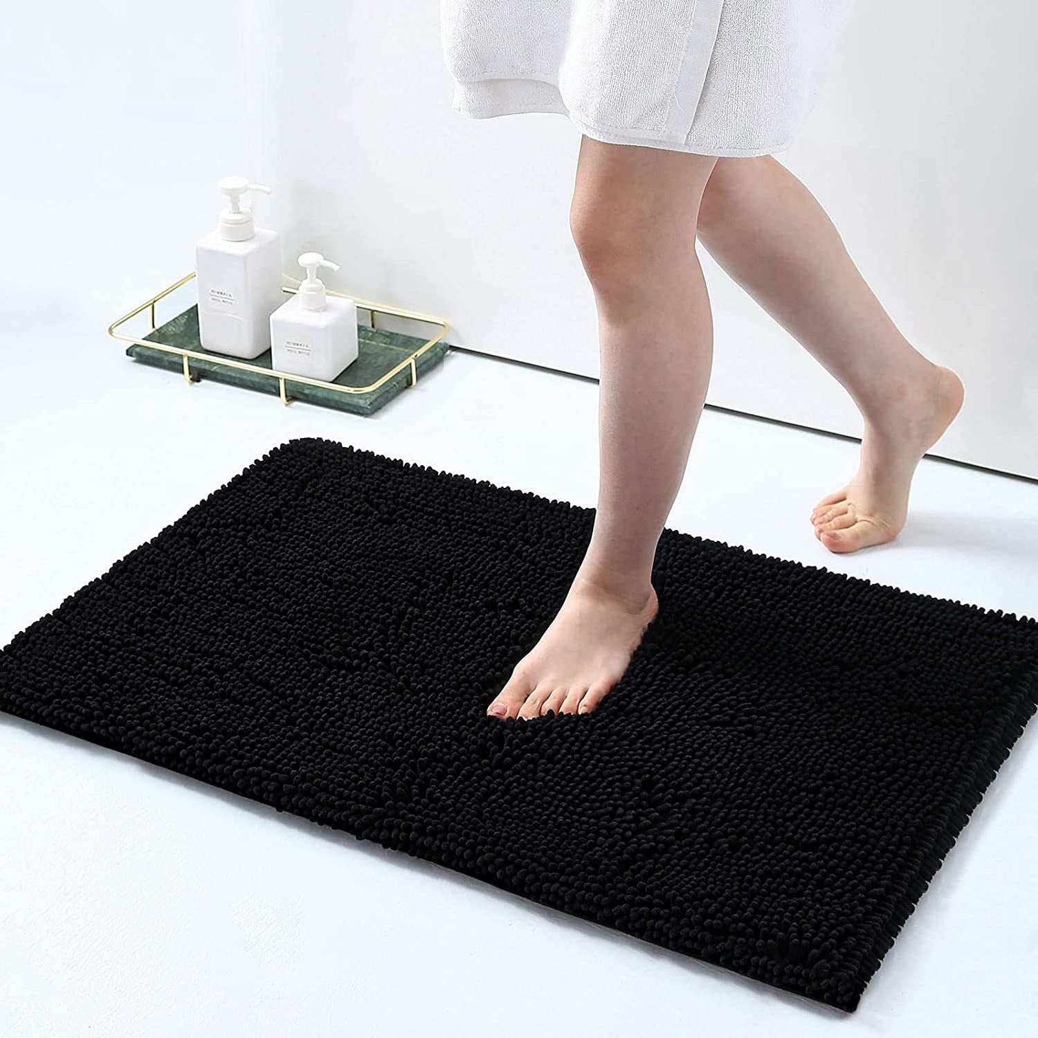 Lochas Bath Rugs Dog Chenille Shaggy Washable Non Slip Entry Rug Door Mat  Bathroom Mat Absorbent Carpets,24x36,Black with Print