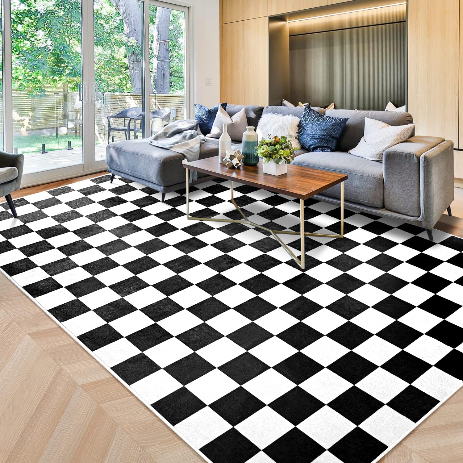 Black and White Geometric Checkered Synthetic Area Rug