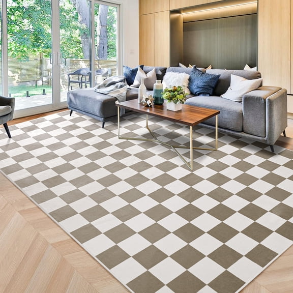Lochas Checkered Area Rugs Checkerboard Rug Plaid Carpet for Living Room Bedroom Home Decor,5'x7',Camel&White