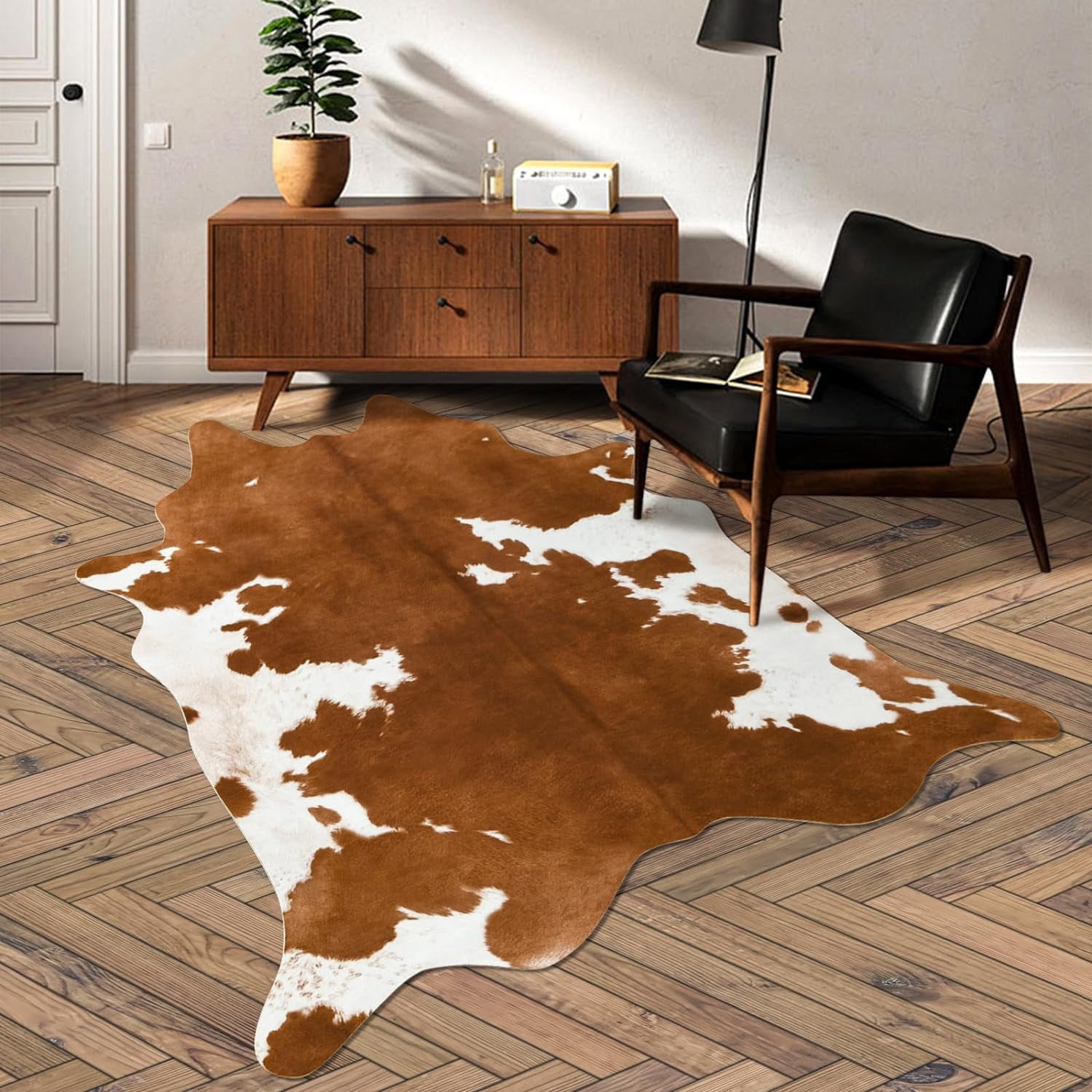 Lochas Faux Cowhide Area Rug Soft Mat Carpet Cow Print Rugs for Bedroom Living Room,4.6'x5.2',Yellow Brown - Walmart.com