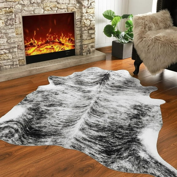 Lochas Faux Cowhide Area Rug Super Soft Mat Carpet Cow Print Rugs for Bedroom Living Room,4.6'x5.2',Gray Black