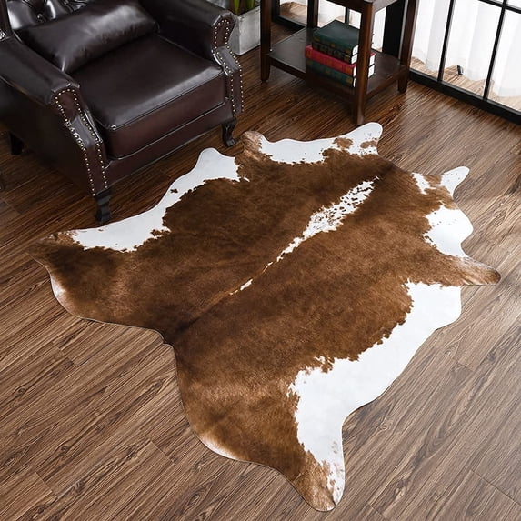 Lochas Faux Cowhide Area Rug Super Soft Mat Carpet Cow Print Rugs for Bedroom Living Room, 5.2'x6.2',Khaki