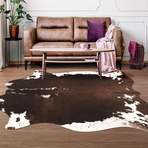 Lochas Faux Cowhide Area Rug Super Soft Mat Carpet Cow Print Rugs for Bedroom Living Room, 5.2'x6.2',Purple & Brown