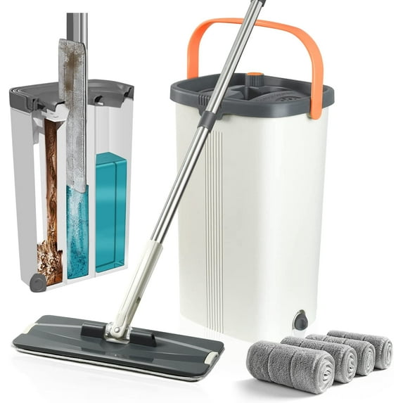 Lochas Flat Mop and Bucket with Wringer Set, Separates Dirty and Clean Water, 3-Chamber Mop Wet and Dry Use, Hands Free Squeeze Mops for Floor Cleaning, 4 Reusable Microfiber Mop Pads Included