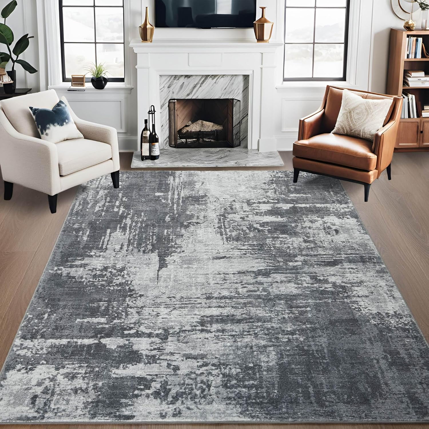 Dark Gray Abstract 6' x 9' Stain-Resistant Area Rug