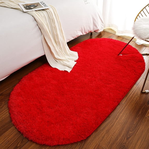 Lochas Fluffy Oval Rug Area Rugs Bedroom Bedside Carpet for Living Room Home Decor,2.6'x5.3',Red