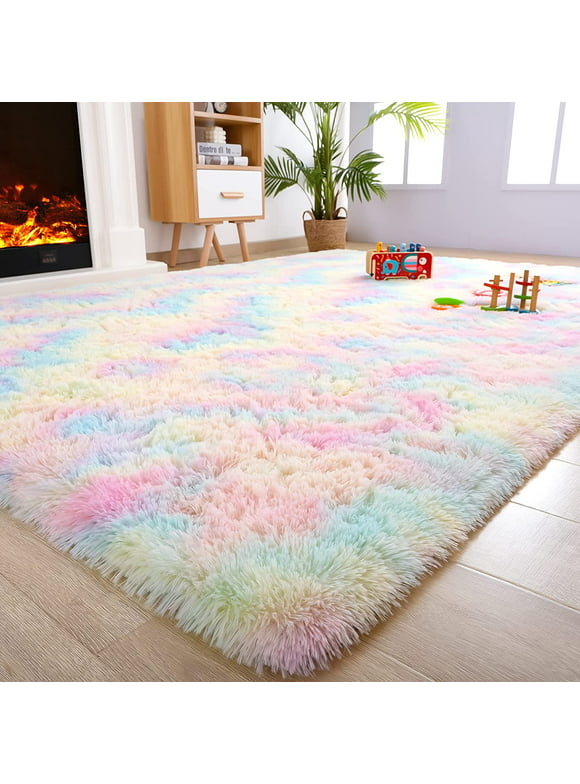 Lochas Fluffy Rainbow Area Rugs for Bedroom Soft Colorful Rugs for Girls Room Kids Baby Room and Living Room Nursery Room 4’x 6’