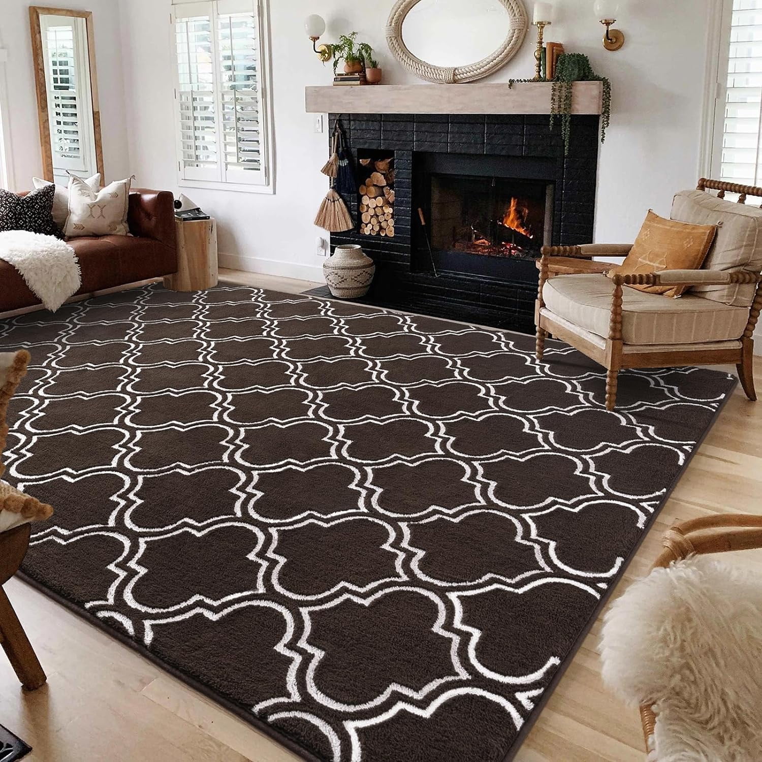 Lochas Fluffy Shaggy Rug Moroccan Geometric Soft Modern Area Rug for Living Room Home Decor Low Pile Carpet,Brown,4x6 Feet