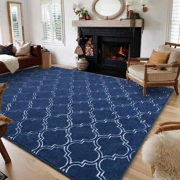 Lochas Fluffy Shaggy Rug Moroccan Geometric Soft Modern Area Rug for Living Room Home Decor Low Pile Carpet,Navy Blue,5x7 Feet