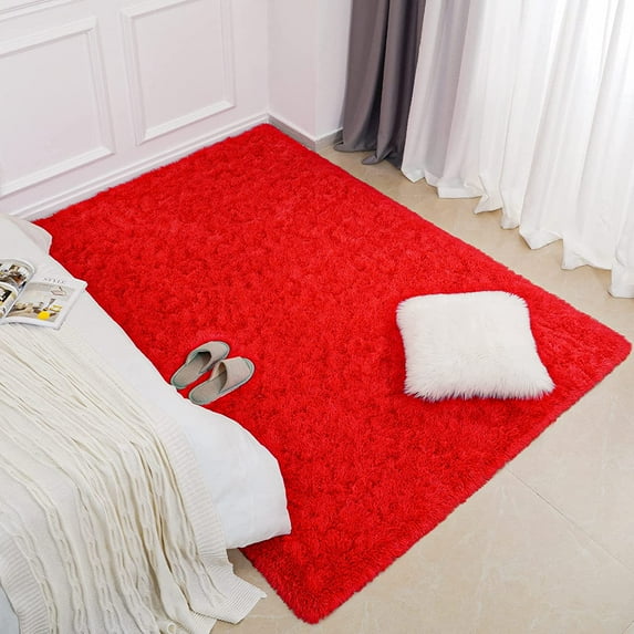 Lochas Fluffy Soft Shag Carpet Rug for Living Room Bedroom Big Area Rugs Floor Mat, 3'x5',Red