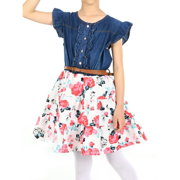 Lochas Girls Denim Dresses Floral Swing Skirt A-Line Ruffle Casual Party Dress for 6-7 Years,Pink