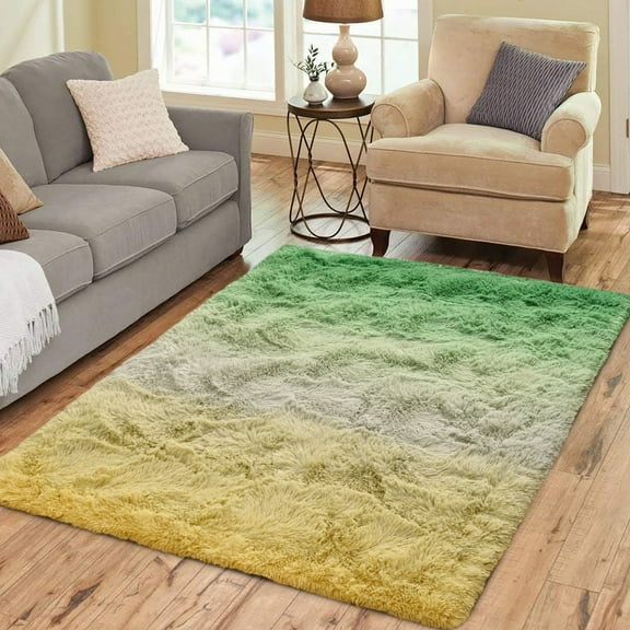 Lochas Gradient Fluffy Shag Area Rug Fuzzy Tie Dye Colorful Bedside Carpet Plush Rugs for Baby Nursery Bedroom Living Room Home Decor,4'x6',Yellow/Green