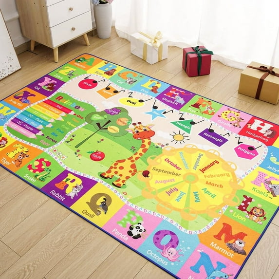Lochas Kids Play Rug Mat Educational & Fun Carpet Soft Animal Learning Area Rugs for Kids Room Bedroom Playroom,Green & Colorful,7x10 Feet