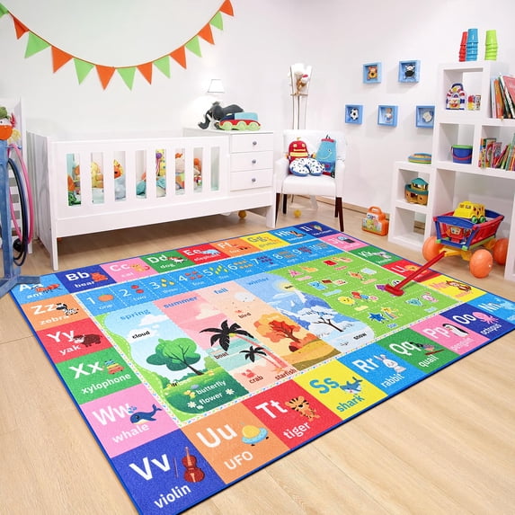 Lochas Kids Play Rug Educational & Fun Carpet Gaming Area Rugs for Kids Room Bedroom Playroom,Blue & Colorful,6x9 Feet
