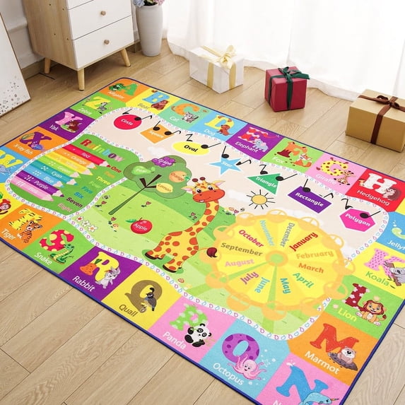 Lochas Kids Playmats Educational Fun Area Rugs Play Mat Soft Animal Learning Rugs Carpet for Children Room Bedroom Playroom,Green & Yellow,3x5 Feet