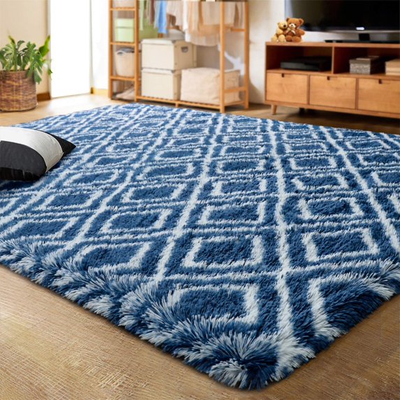 Lochas Luxury Velvet Shag Area Rug Plush Fluffy Rugs for Bedroom Living Room, Super Soft and Comfy Carpet, Geometric Moroccan Rugs for Girls Kids Nursery Children, 5x8 Feet, Navy Blue