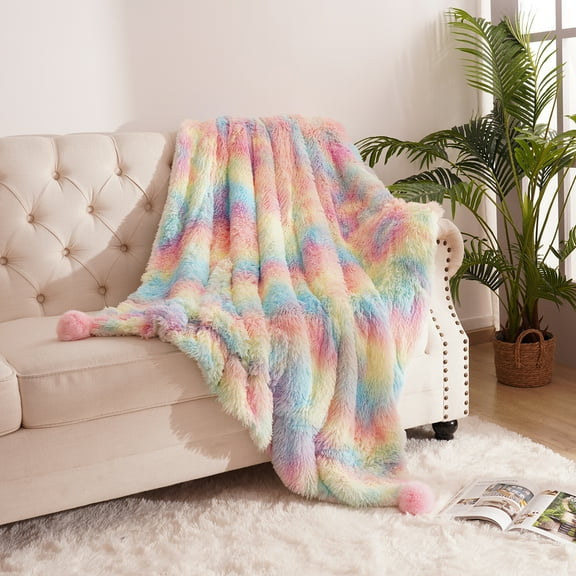 Lochas Plush Fluffy Rainbow Blanket with 4 Hairball for Couch Bed Sofa Kids Soft Blankets, 50"x60"