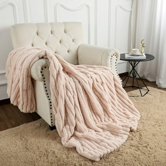 Lochas Plush Sherpa Fleece Throw Blanket,Soft Warm Fluffy Jacquard Striped Blankets for Sofa Couch Bed Living Room,50"x60",Cream White