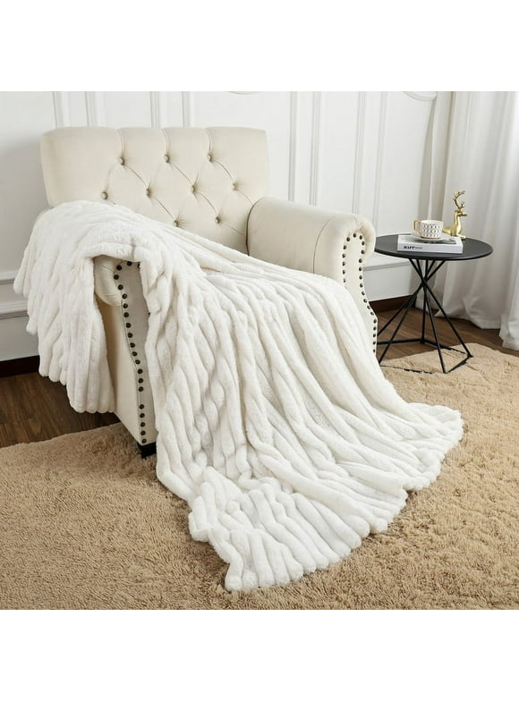Lochas Plush Sherpa Fleece Throw Blanket,Soft Warm Fluffy Jacquard Striped Blankets for Sofa Couch Bed Living Room,50"x60",White