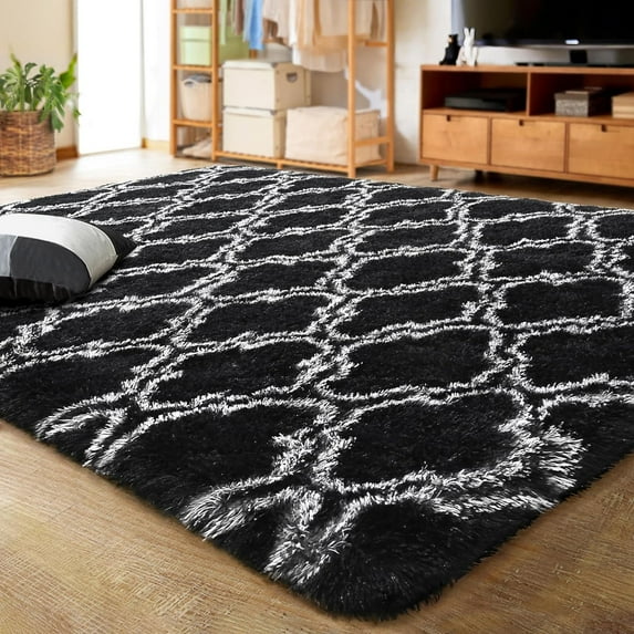 Lochas Shag Area Rug Geometric Plush Fluffy Rugs Soft Moroccan Carpet for Bedroom Living Room Floor Mat Home Decor,8x10ft,Black/White