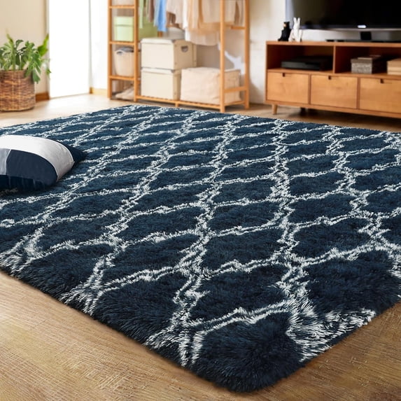 Lochas Shag Area Rug Geometric Plush Fluffy Rugs Soft Moroccan Carpet for Bedroom Living Room Floor Mat Home Decor,8x10ft,Navy Blue/White
