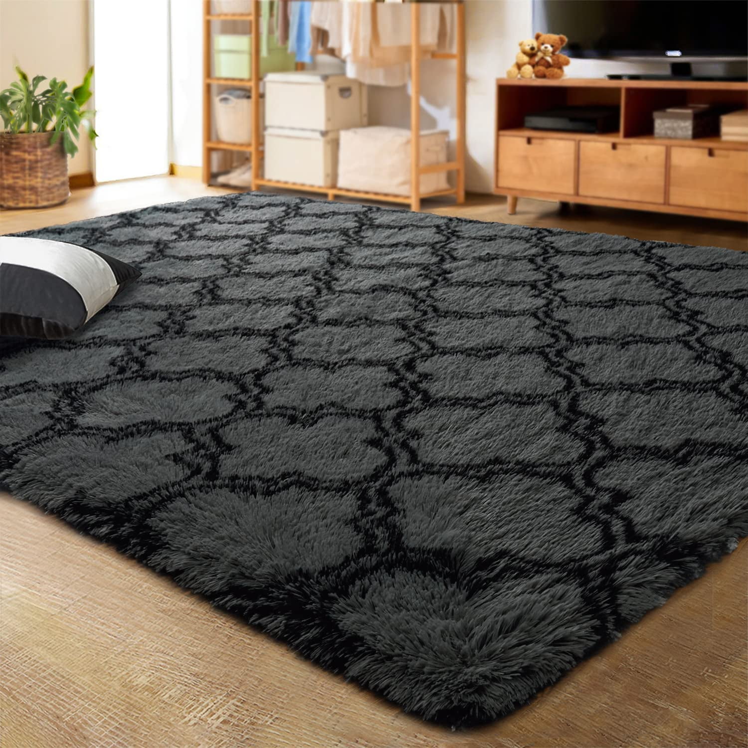 Dark Grey and Black Geometric Shag Area Rug with Memory Foam