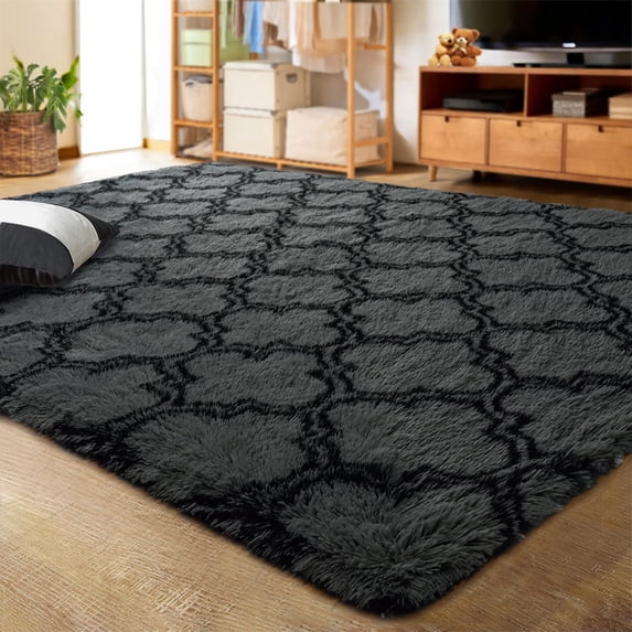 Lochas Shag Area Rug Geometric Plush Fluffy Rugs Soft Moroccan Carpets for Bedroom Living Room Floor Mat Home Decor,6x9ft,Dark Grey/Black