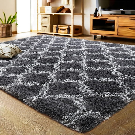 Lochas Shag Geometric Area Rug Plush Fluffy Rugs Soft Moroccan Carpets for Bedroom Living Room Home Decor Mat,6'x9',Dark Gray/White