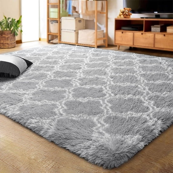 Lochas Shag Geometric Area Rug Plush Fluffy Rugs Soft Moroccan Carpets for Bedroom Living Room Home Decor Mat,6'x9',Light Grey/White