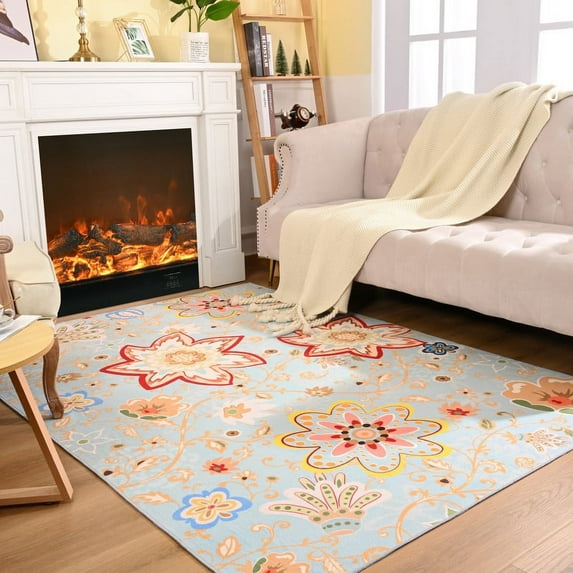 Lochas Soft Floral Print Boho Retro Rug Fluffy Carpet Vintage Area Rugs for Bedroom Indoor Living Room Home Decor, 5'x7', Blue