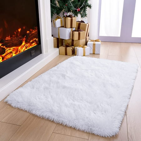 Lochas White soft fluffy area rug, modern shaggy carpet for bedroom or nursery, 2 ft x 3 ft