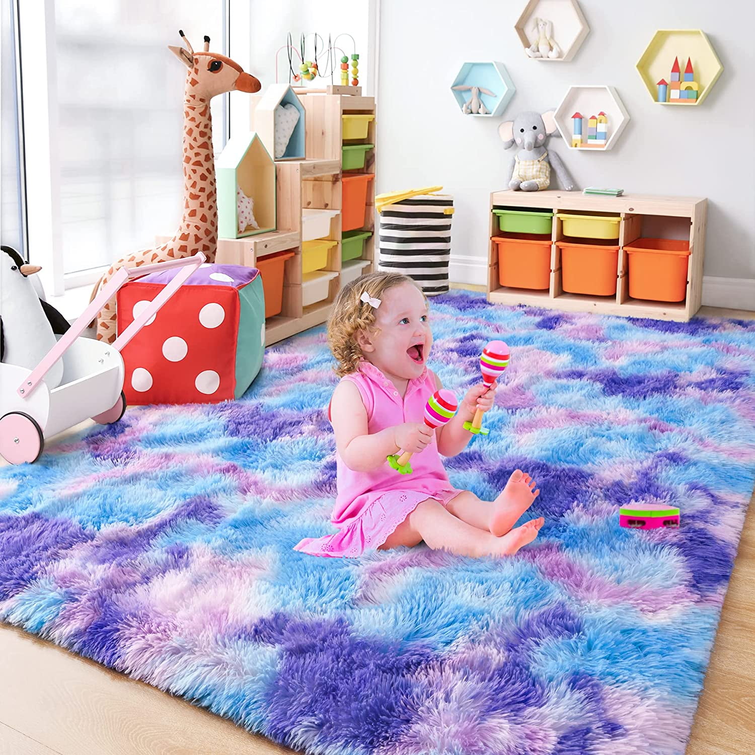 Lochas Soft Fluffy Rainbow Rugs Shaggy Colorful Carpet Plush Area