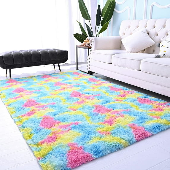Lochas Soft Fluffy Rainbow Rugs Shaggy Colorful Carpet Plush Area Rug for Living Room Bedroom Nursery Kids Girls Playroom Rugs Home Decor Mat,3'x5', Teal