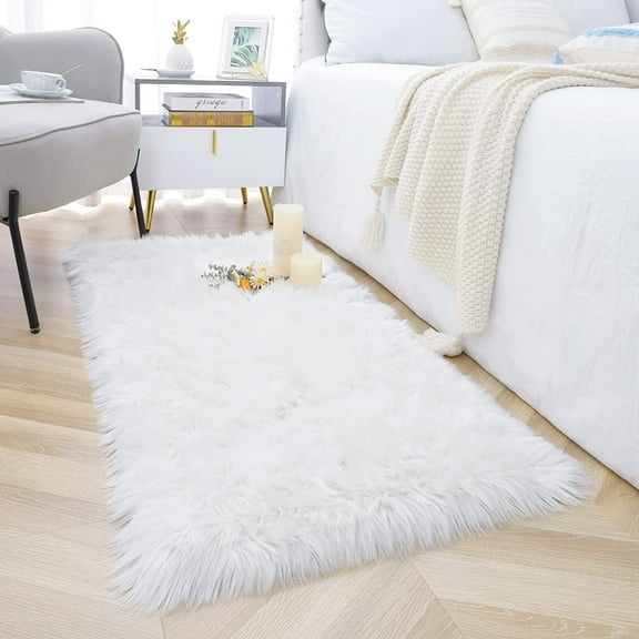 Lochas Soft Fluffy Rugs Faux Sheepskin Area Rug for Bedroom Living Room Bedside Carpet Nursery Washable Floor Mat,2'x4',White