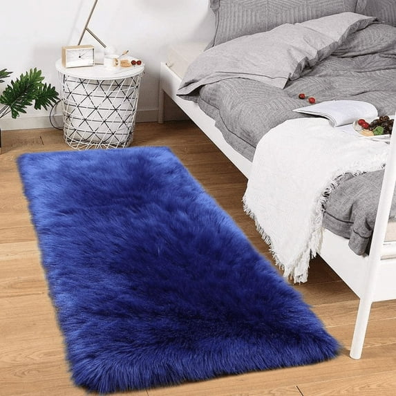 Lochas Soft Fluffy Rugs Faux Sheepskin Area Rug for Bedroom Living Room Bedside Carpet Nursery Washable Floor Mat,3'x5',Dark Navy