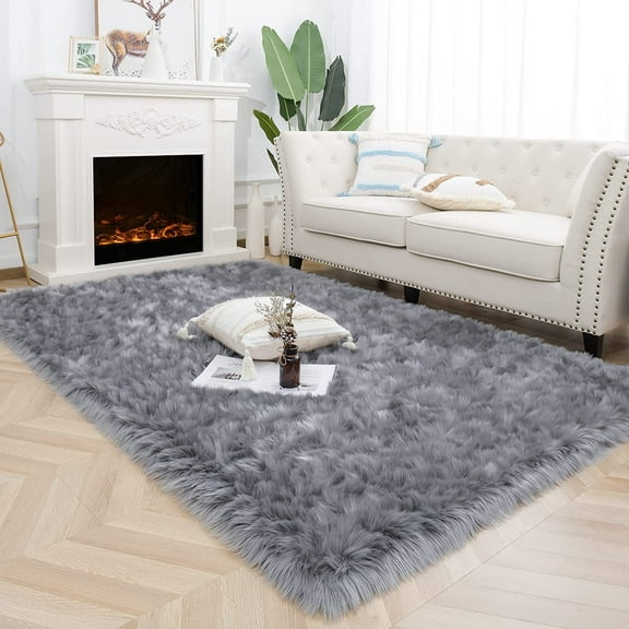Lochas Soft Fluffy Rugs Faux Sheepskin Area Rug for Bedroom Living Room Bedside Carpet Nursery Washable Floor Mat,4'x6',Gray